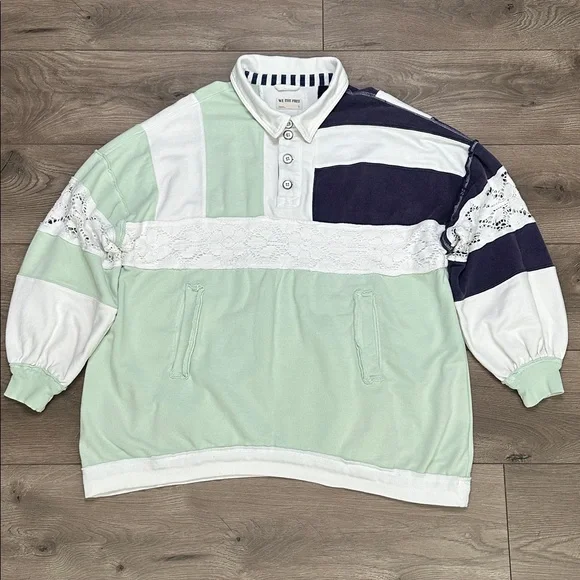We The Free American Dream Polo Long Sleeve Sweatshirt Colorblock Green Blue S - Picture 3 of 15